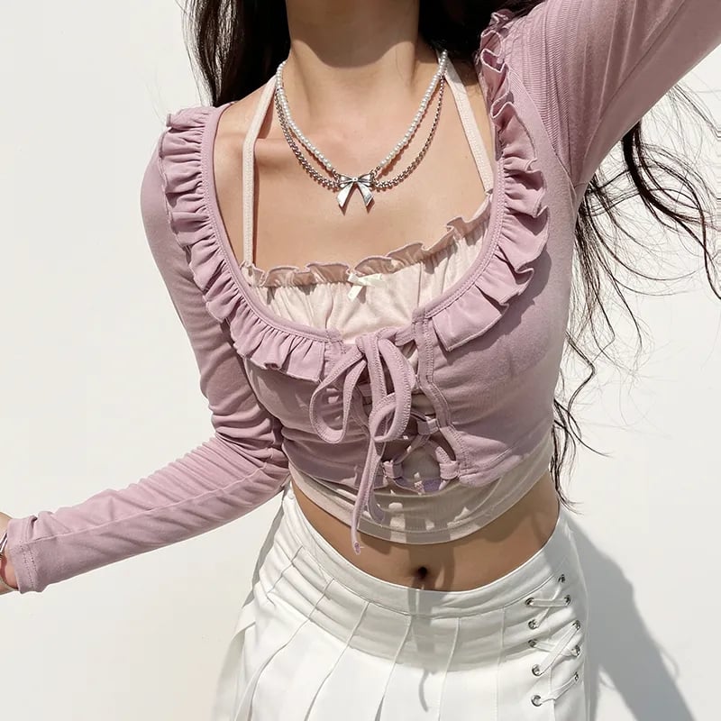 Purple & White Patchwork Ruffle Halter Crop Top