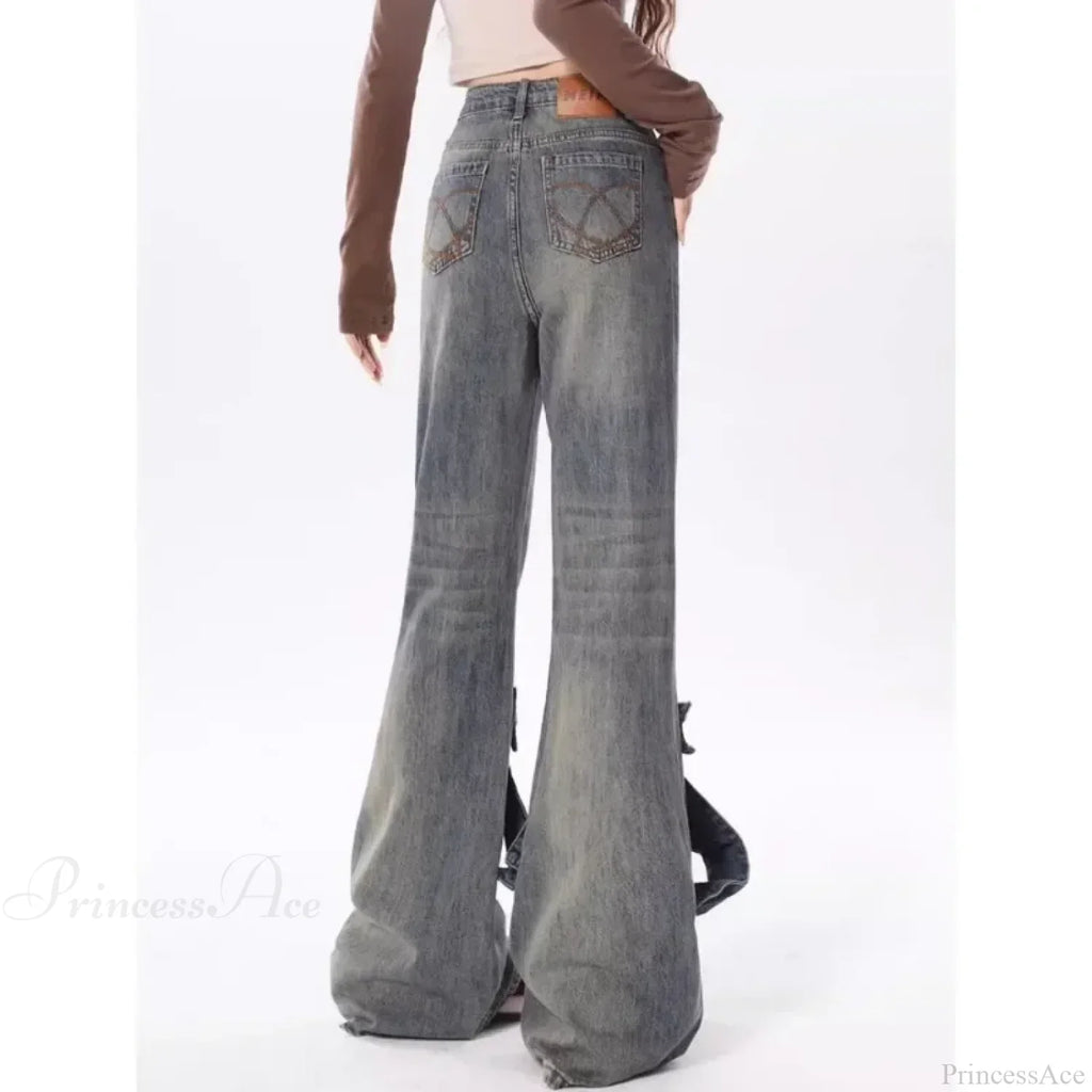 Flare Jeans Women Bow Patchwork Pants