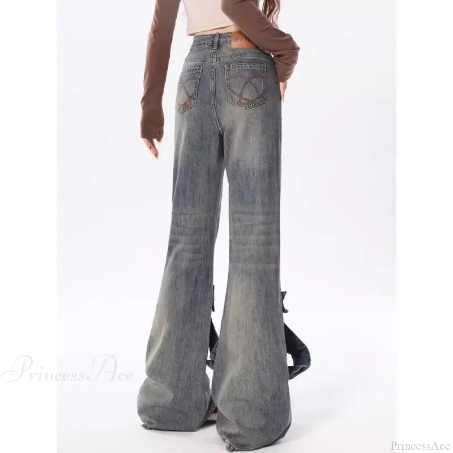 Flare Jeans Women Bow Patchwork Pants