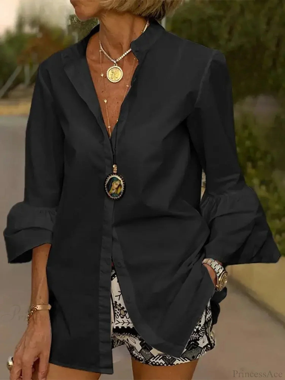 Flare Sleeve Solid Color V Neck Blouse