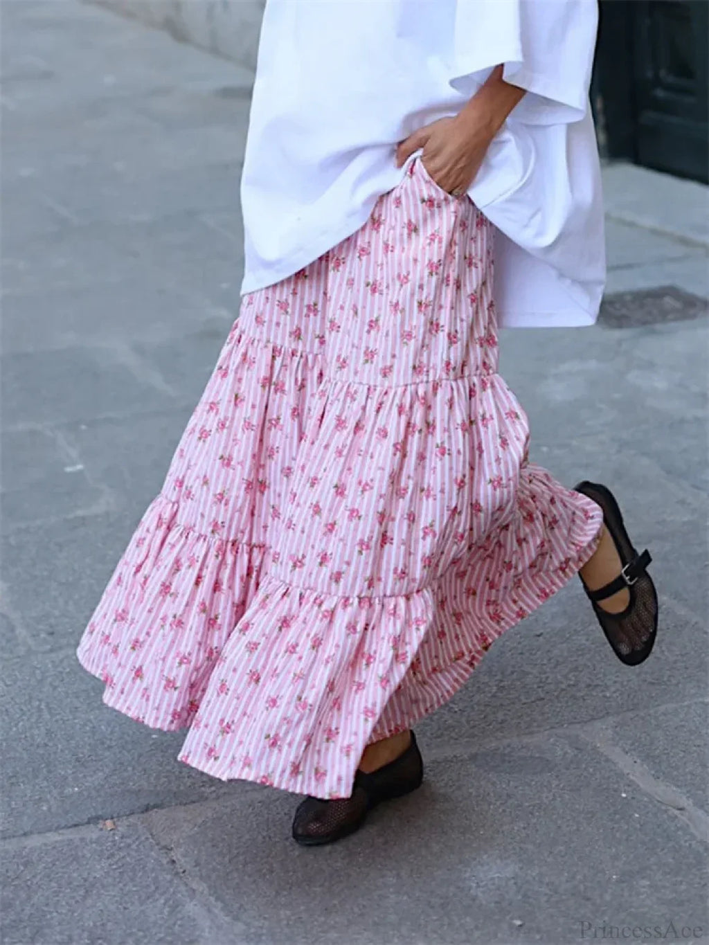 Flared Striped Floral Elastic High Waist Pant