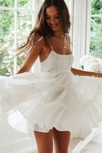 Flattering Tiered Ruffle Empire Waist Mini Summer Sundress - White