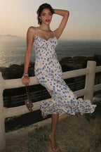 Floral Backless Spaghetti Strap Ruched Mermaid Maxi Dress