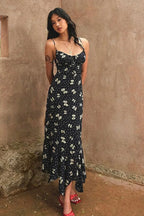 Floral Backless Spaghetti Strap Ruched Mermaid Maxi Dress