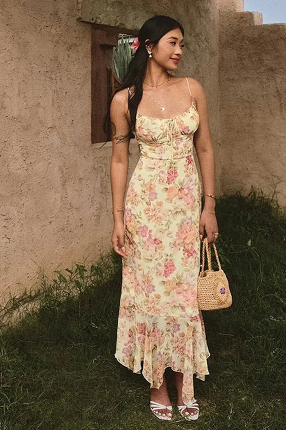 Floral Backless Spaghetti Strap Ruched Mermaid Maxi Dress