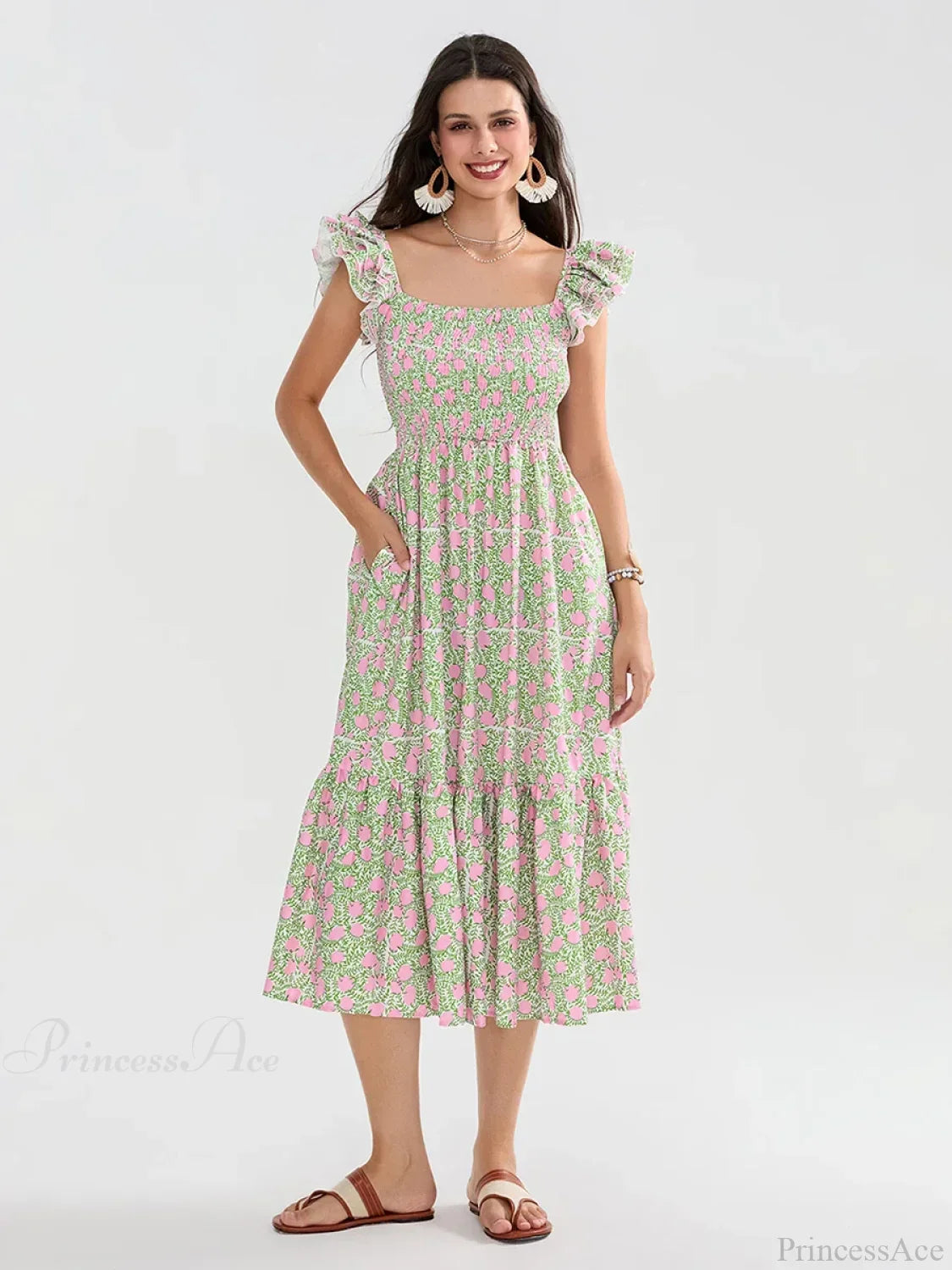 Floral Dot Print Shirred Square Neck Ruffled Flowing Beach Floral Dress