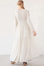 Floral Embroidered Long Sleeve Boho Chic Maxi Dress - White