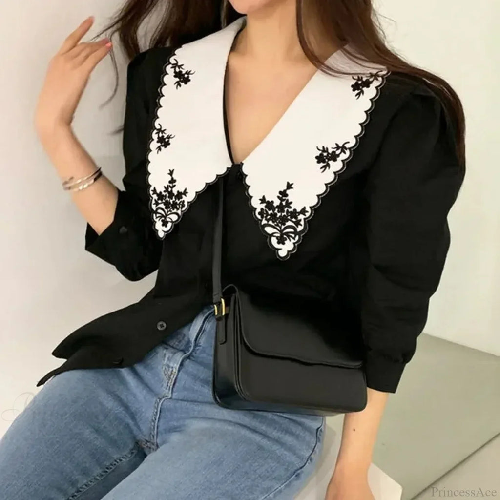 Floral Embroidery Half Sleeve White Vintage Blouse