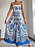 Floral Ethnic Print Back Graceful Smocked Loose Midi Dress