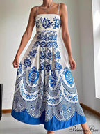 Floral Ethnic Print Back Graceful Smocked Loose Midi Dress