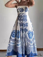 Floral Ethnic Print Back Graceful Smocked Loose Midi Dress