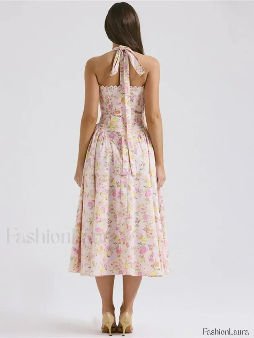 Pink Floral Halter Backless Midi Dress