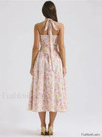 Pink Floral Halter Backless Midi Dress