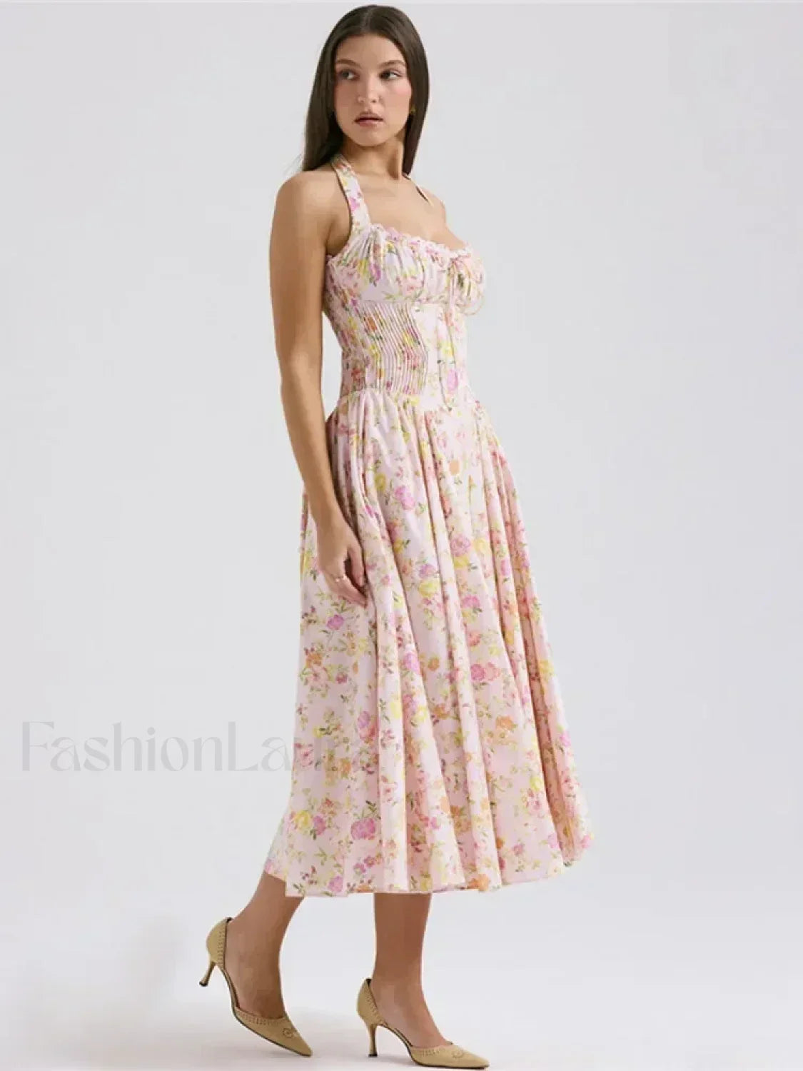 Pink Floral Halter Backless Midi Dress