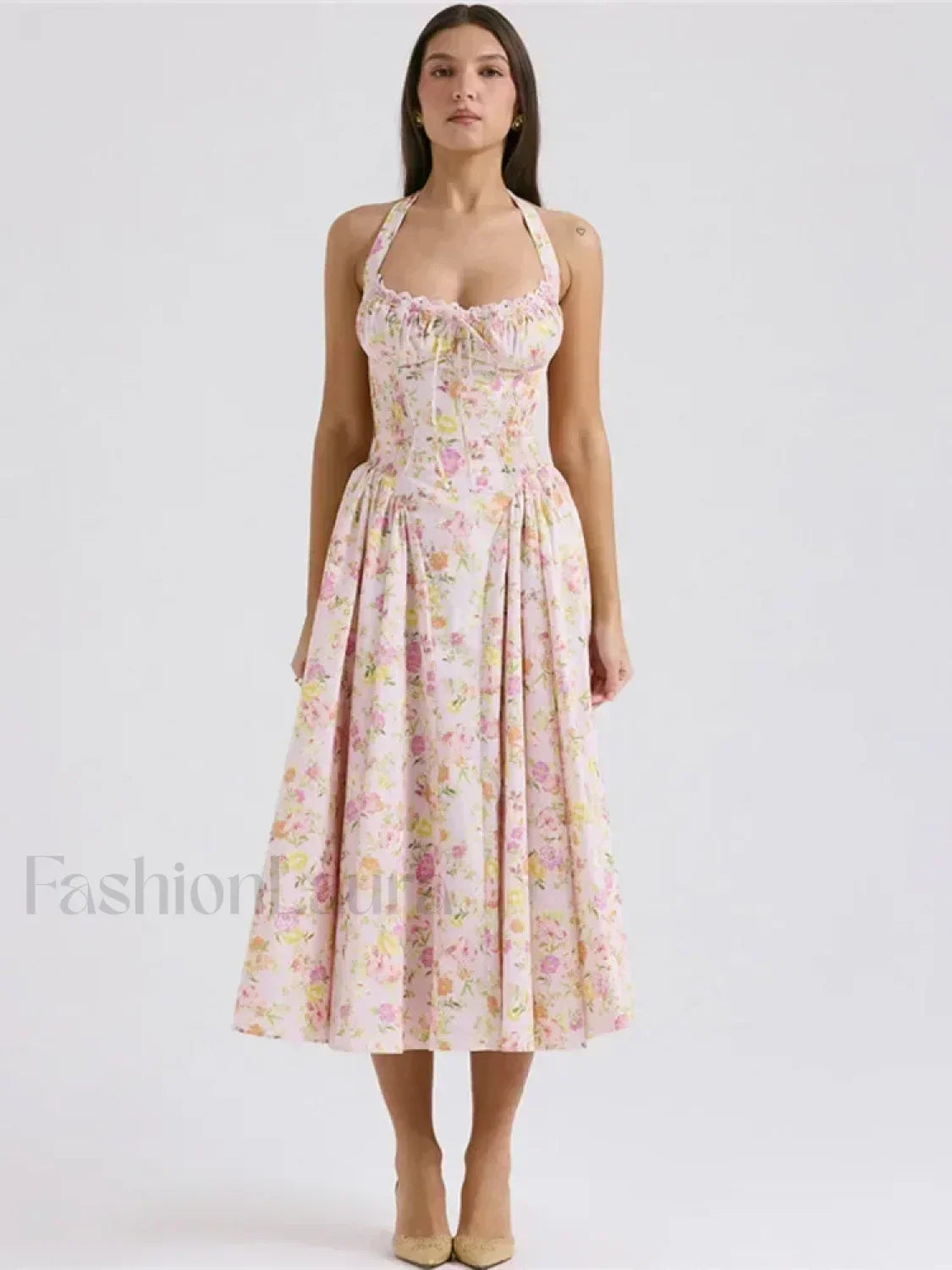 Pink Floral Halter Backless Midi Dress