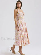 Pink Floral Halter Backless Midi Dress
