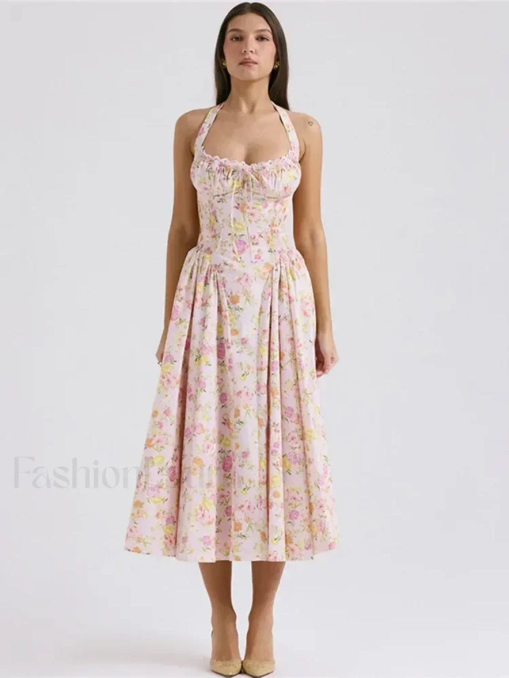 Pink Floral Halter Backless Midi Dress