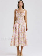 Pink Floral Halter Backless Midi Dress