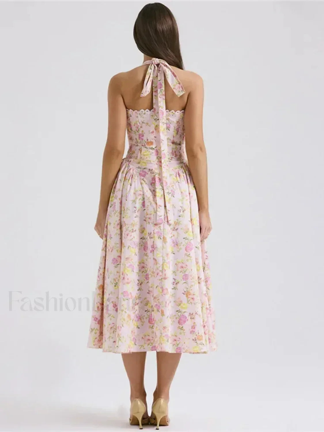Pink Floral Halter Backless Midi Dress