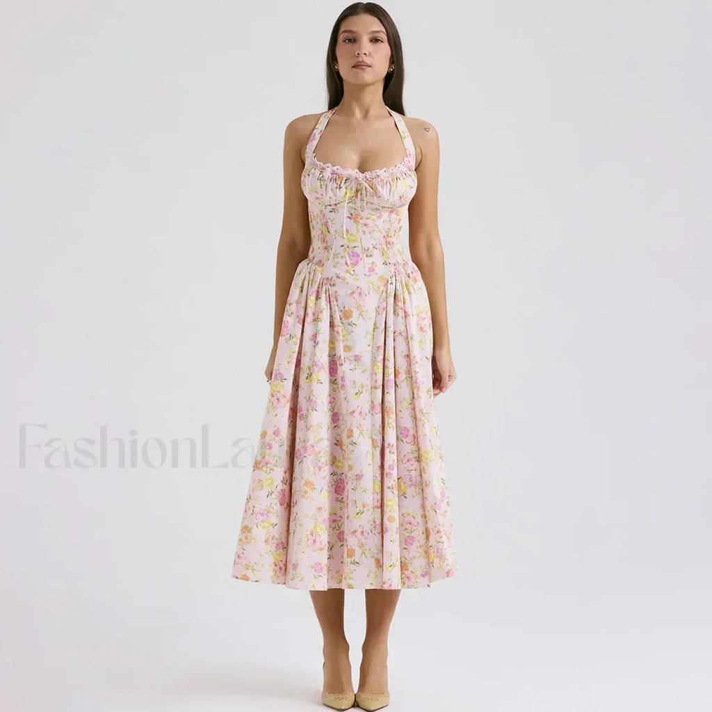 Pink Floral Halter Backless Midi Dress