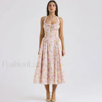 Pink Floral Halter Backless Midi Dress