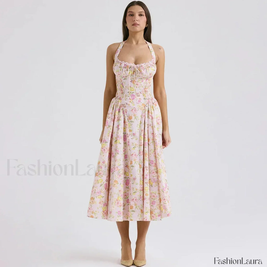 Floral Halter Backless Midi Dress