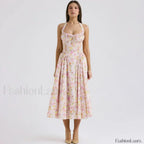 Pink Floral Halter Backless Midi Dress