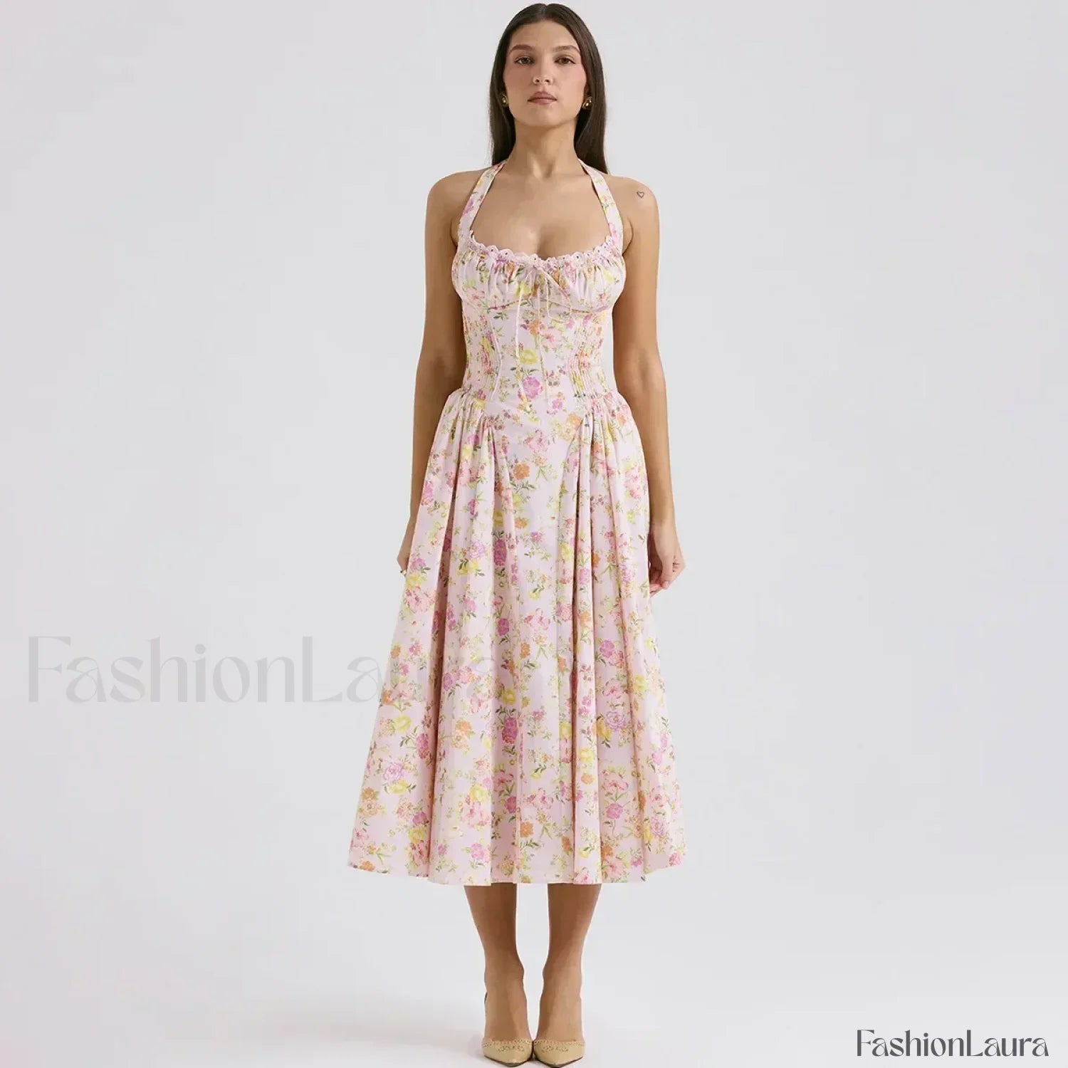 Pink Floral Halter Backless Midi Dress