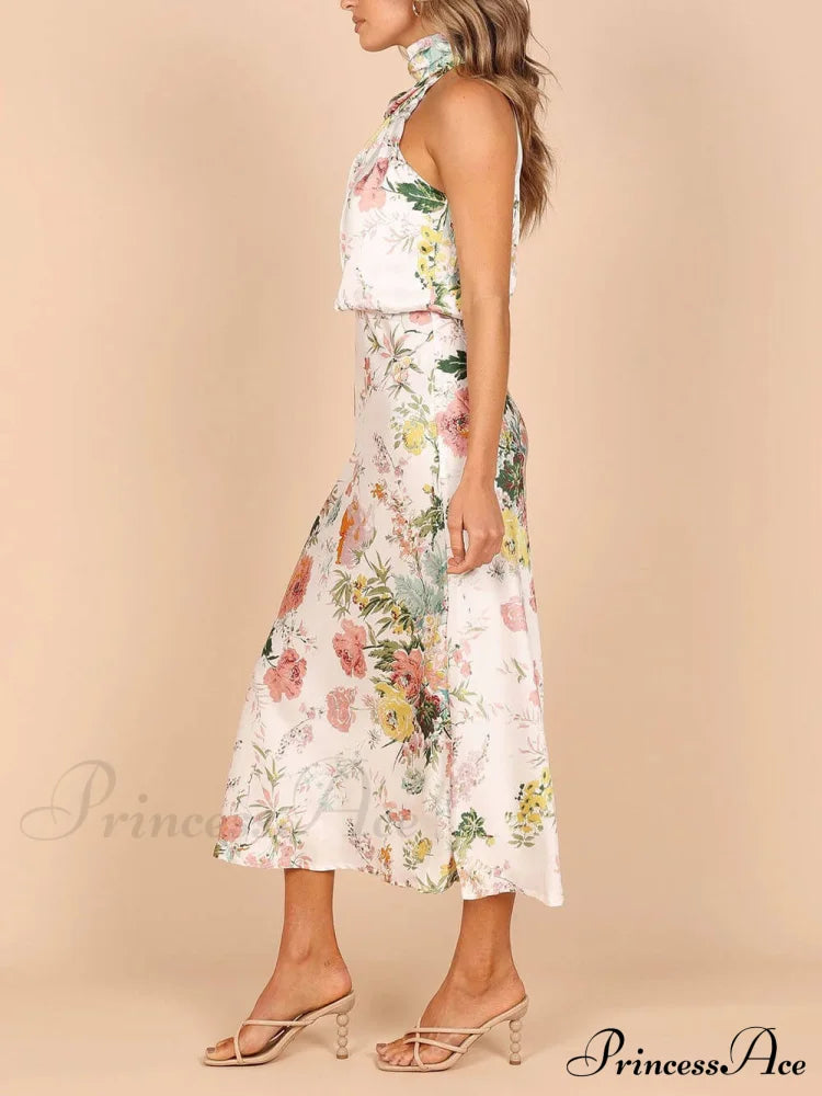 Floral Halter Neck Charming Elastic Waist Maxi Dress