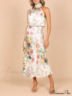 Floral Halter Neck Charming Elastic Waist Maxi Dress
