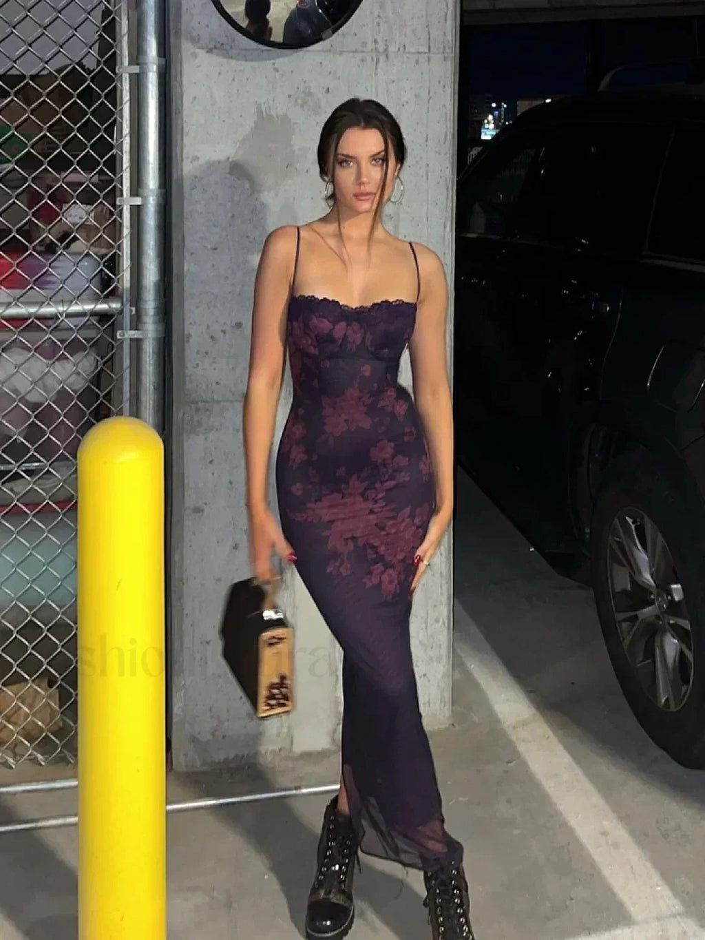 Purple Floral Lace Backless Maxi Dress