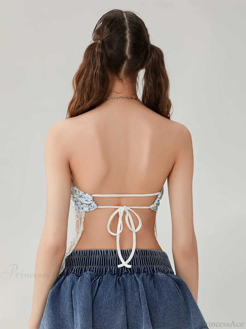 Floral Lace Mesh Sheer Strapless Backless Tie-up Tube Top