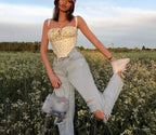 Floral Lace Ruched Tie Low Cut Slim Fit Backless Bustier