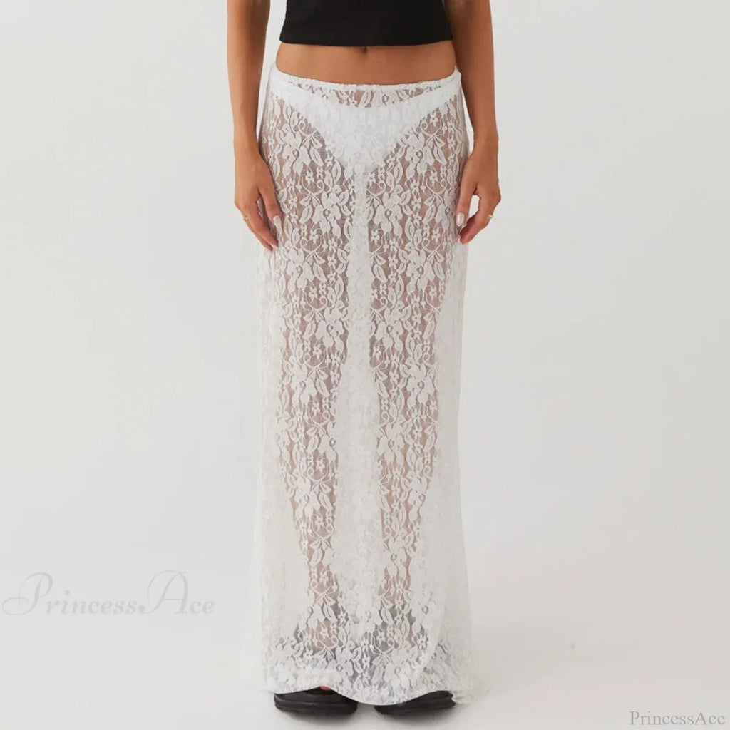 Floral Lace See-Through Short Sleeve Crop Top Long Skirt Two Pieces Set