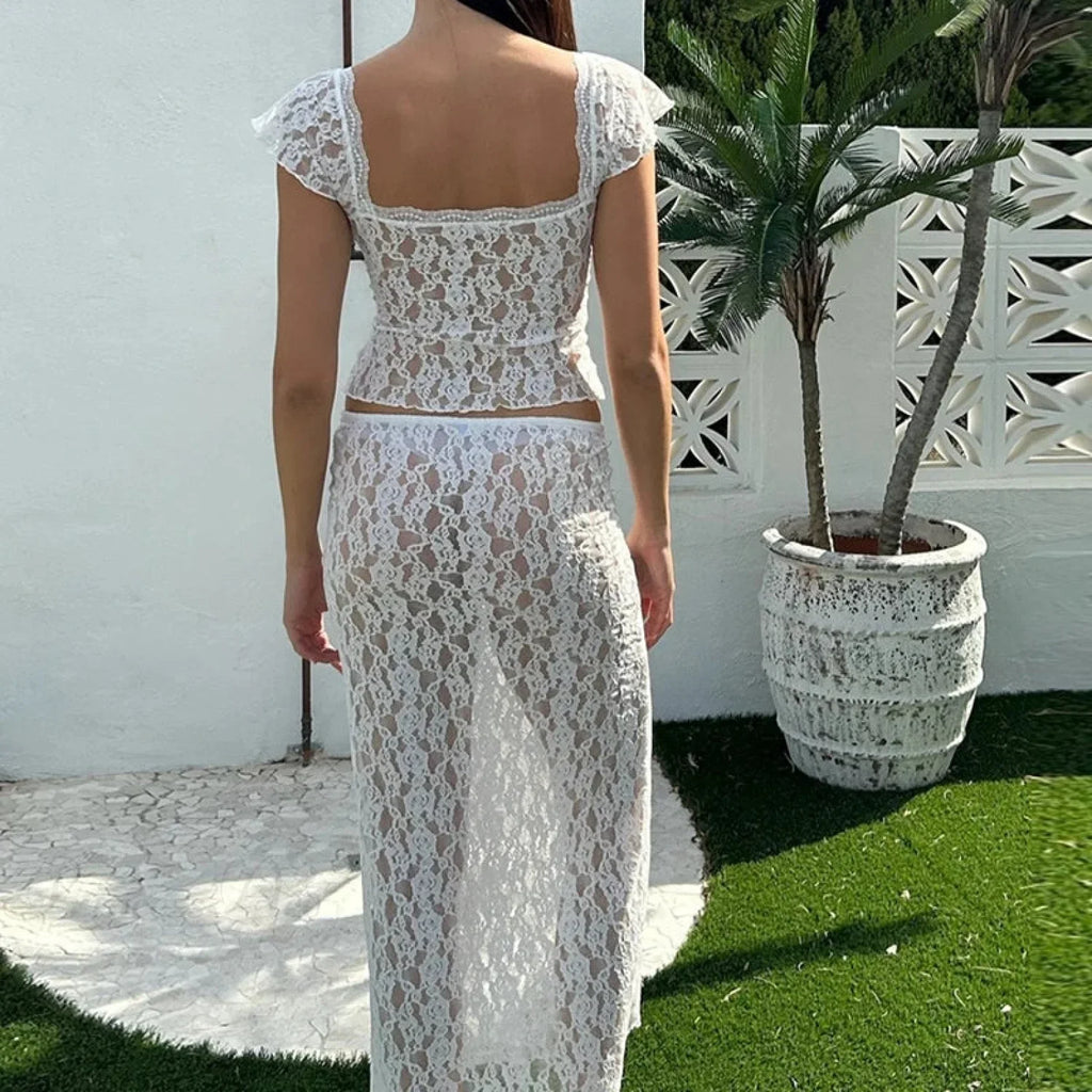 Floral Lace See-Through Short Sleeve Crop Top Long Skirt Two Pieces Set