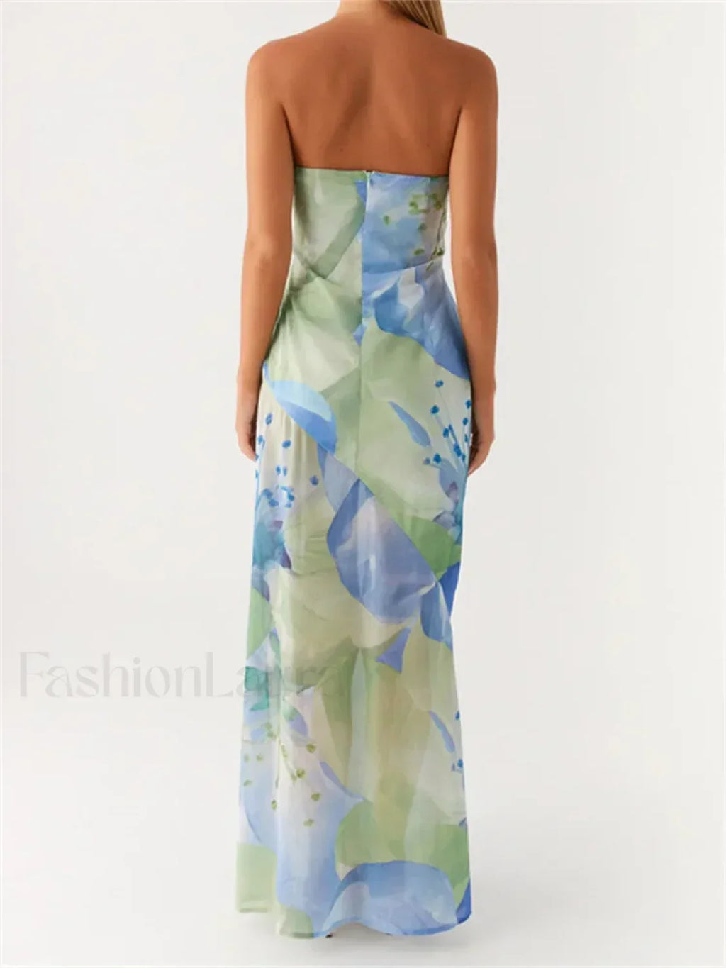 Green Floral Leaves Split Strapless Maxi Dress