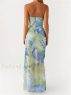 Green Floral Leaves Split Strapless Maxi Dress