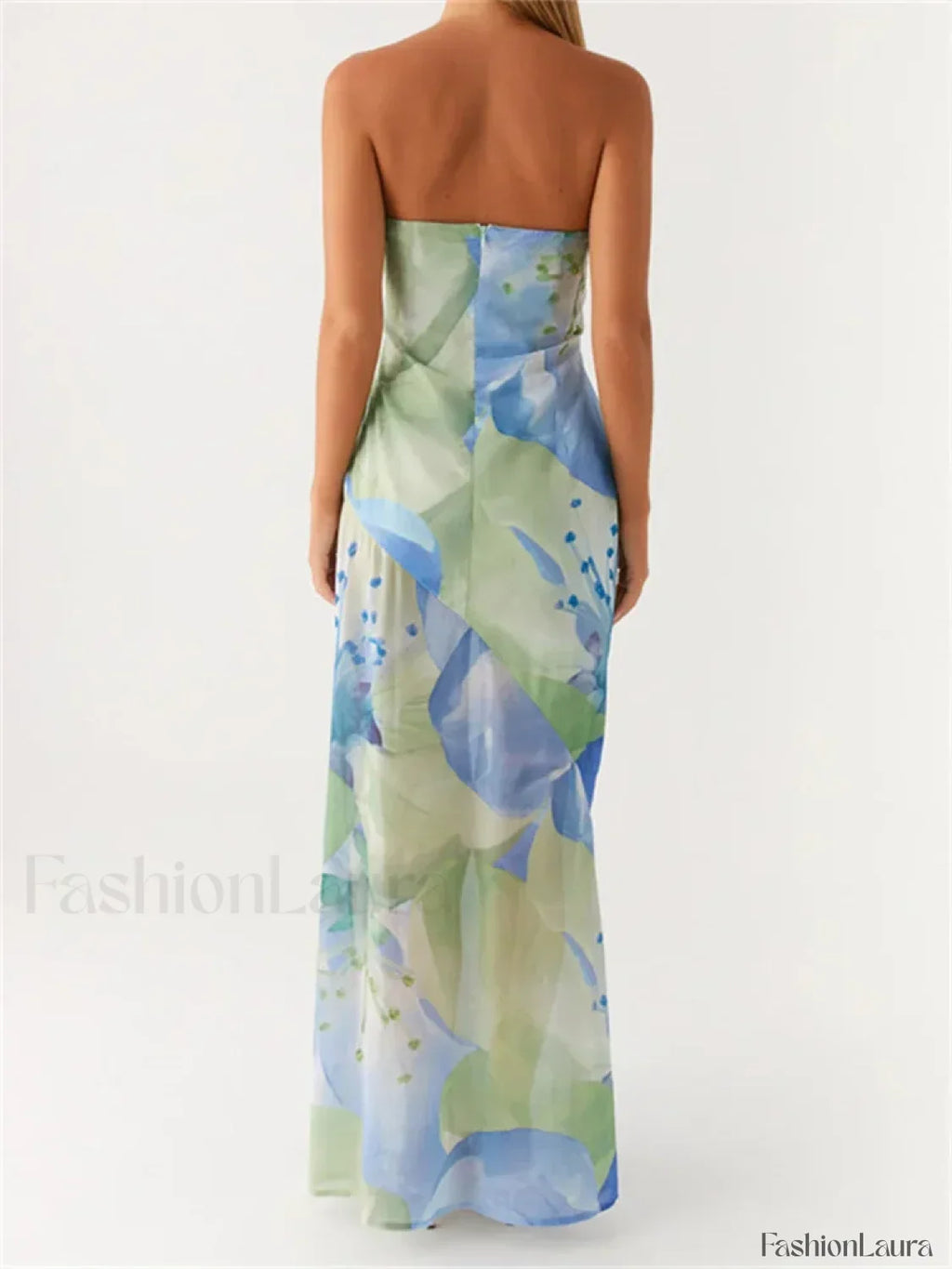 Green Floral Leaves Split Strapless Maxi Dress