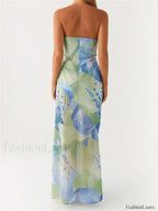 Green Floral Leaves Split Strapless Maxi Dress