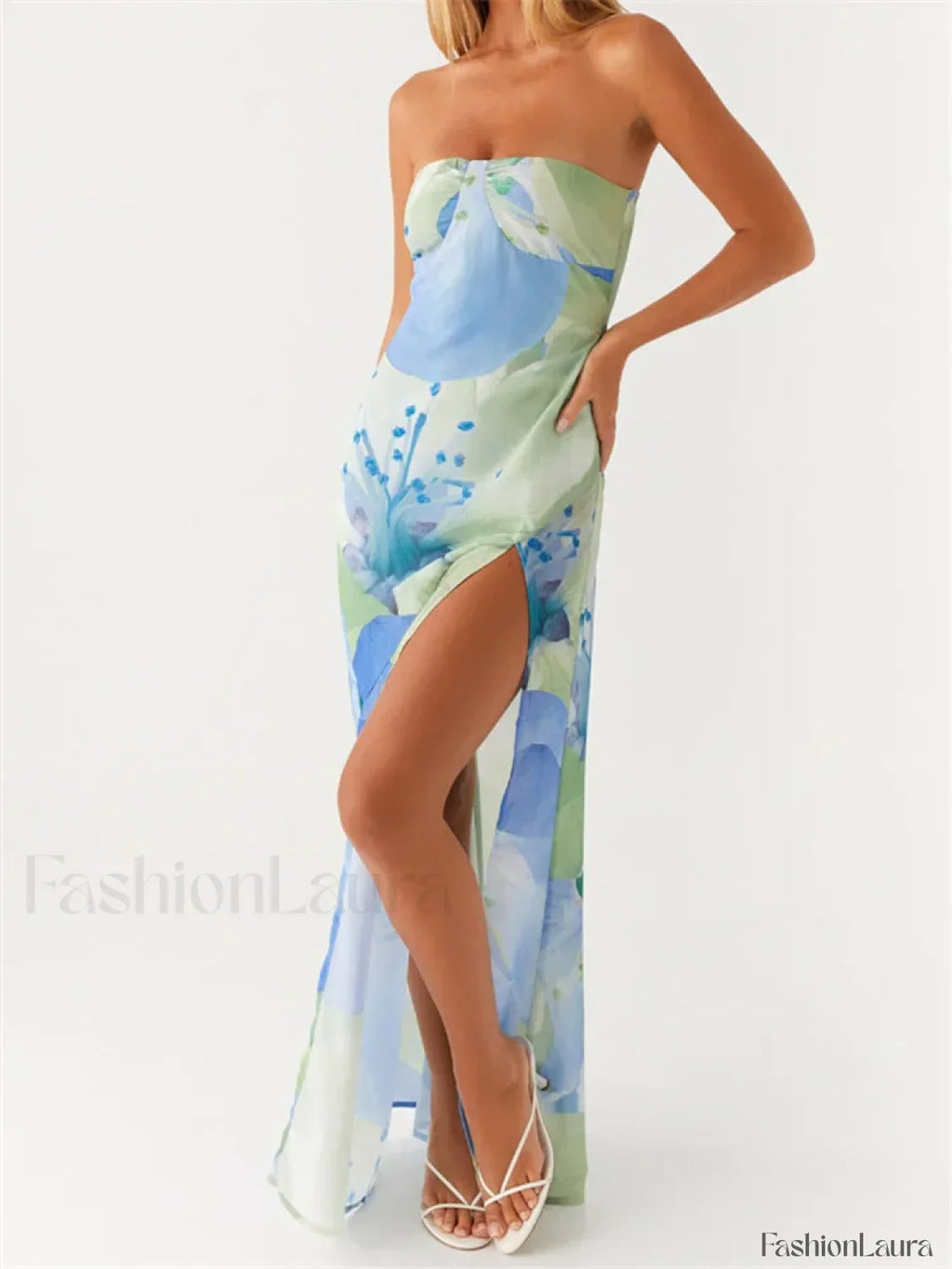 Green Floral Leaves Split Strapless Maxi Dress