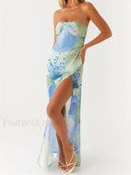 Green Floral Leaves Split Strapless Maxi Dress