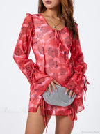 Floral Mesh Mini Dress Elegant Flare Long Sleeve Split Hem Floral Dress