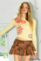 Floral Print Asymmetrical Neck Slim Long Sleeve Tee