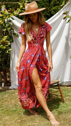 Floral Print Bat Sleeve Wrap V-neck Maxi Boho Dress