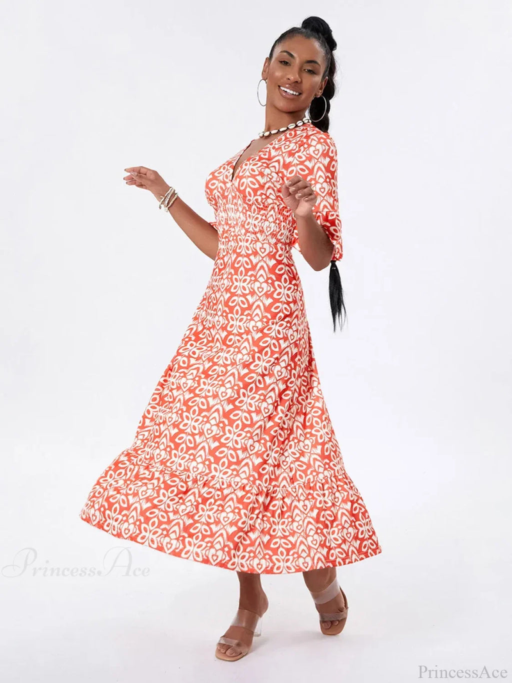 Floral Print Beach Midi Casual Flare Sleeve A-Line Ruffled Floral Dress