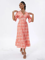 Floral Print Beach Midi Casual Flare Sleeve A-Line Ruffled Floral Dress