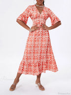 Floral Print Beach Midi Casual Flare Sleeve A-Line Ruffled Floral Dress
