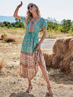 Floral Print Button V-neck Pleated Rayon Beach Maxi Boho Dress