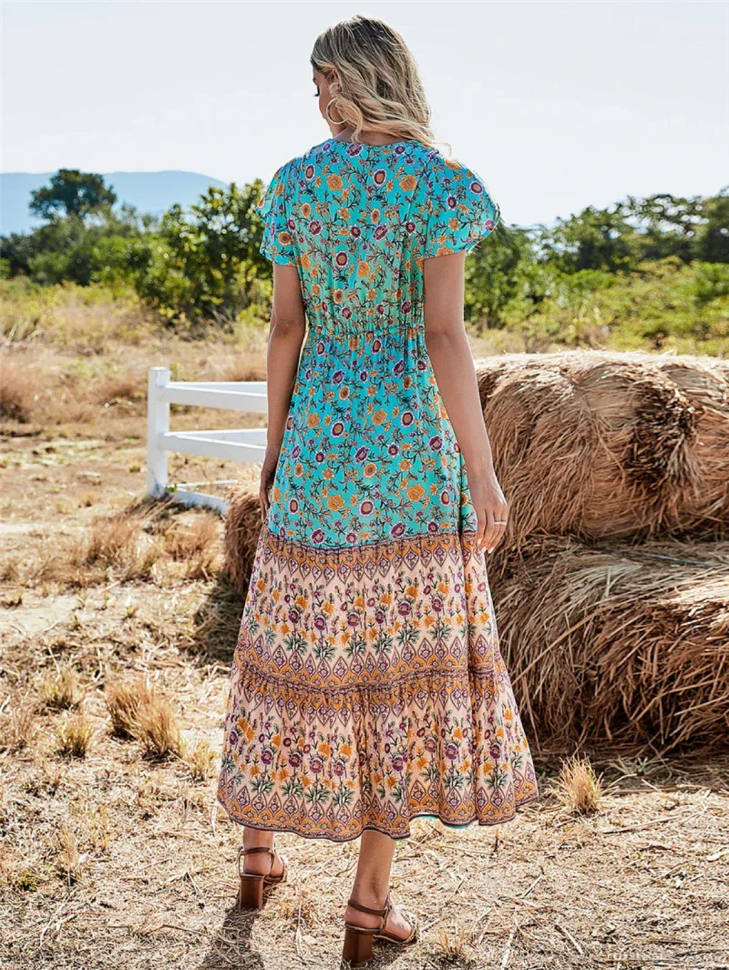 Floral Print Button V-neck Pleated Rayon Beach Maxi Boho Dress