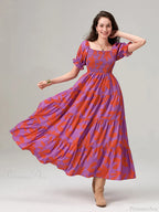 Floral Print Flowy Puff Sleeve Square Neck A-Line Vacation Floral Dress